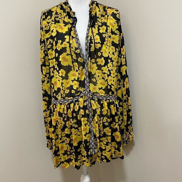 Free People Size Small Tunic Top Love Letter Black Combo Yellow Floral Shirt S. - Picture 6 of 12